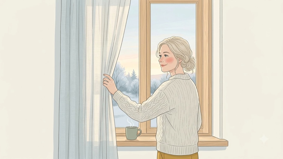 Astrid opening a curtain to the morning light