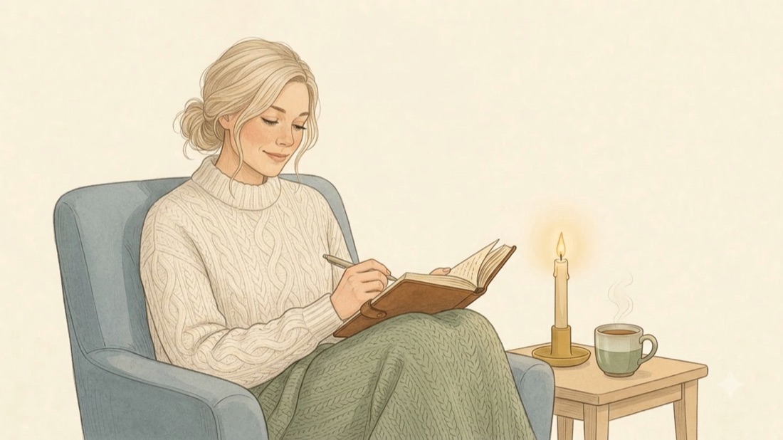 Astrid journaling quietly in an armchair