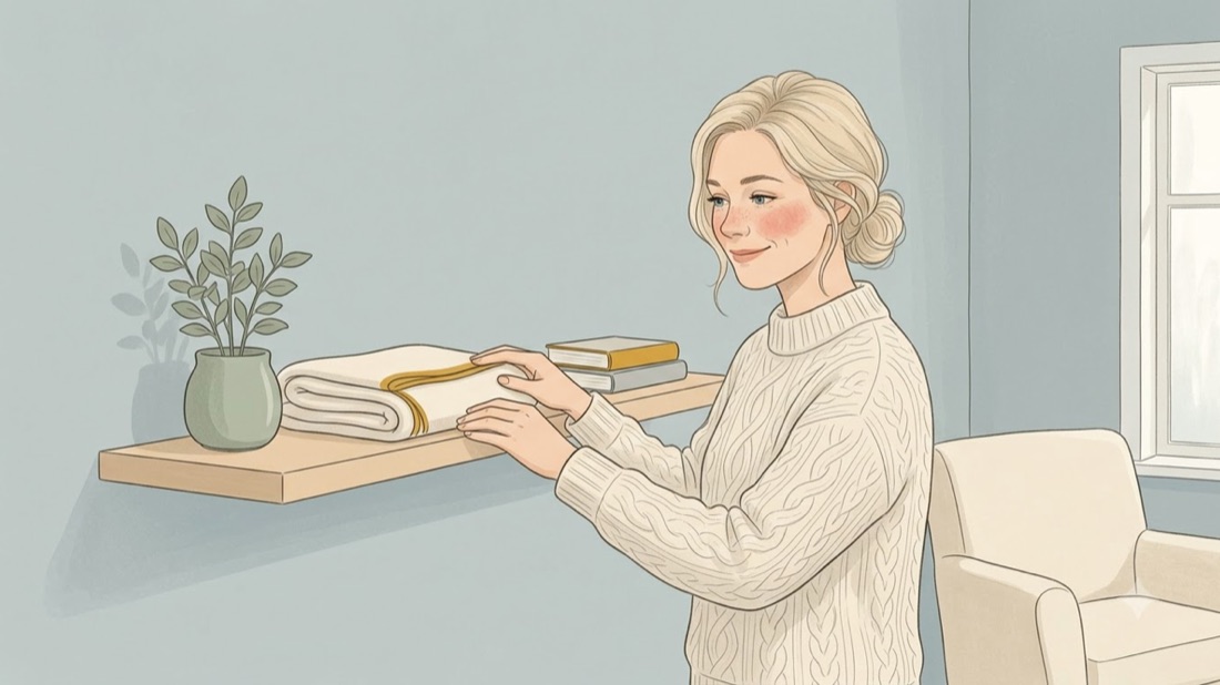Astrid arranging a calm, tidy shelf